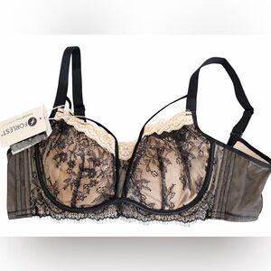 FORLEST Black Lace Underwire Bra 38DD 38DDD Nude Lining Adjustable Straps NWT